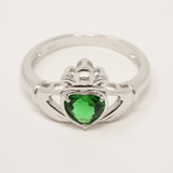 Sterling Silver Claddagh Ring with Green Cubic Zirconia