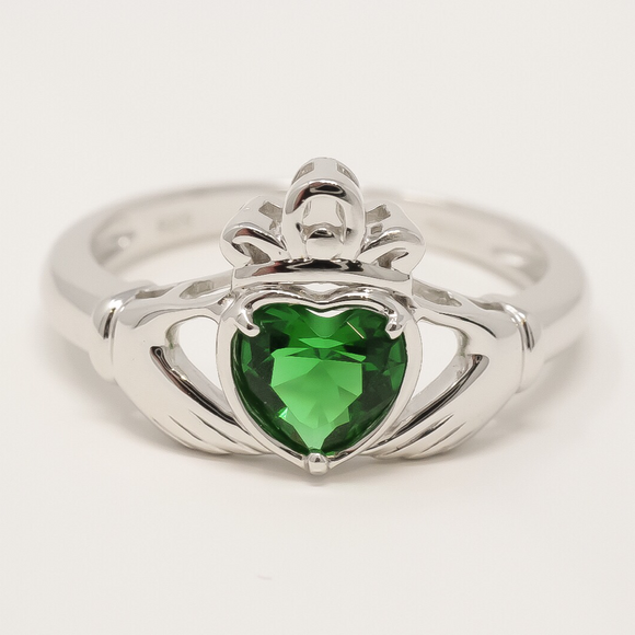 Sterling Silver Claddagh Ring with Green Cubic Zirconia