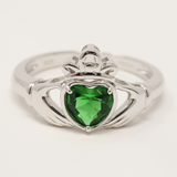 Sterling Silver Claddagh Ring with Green Cubic Zirconia